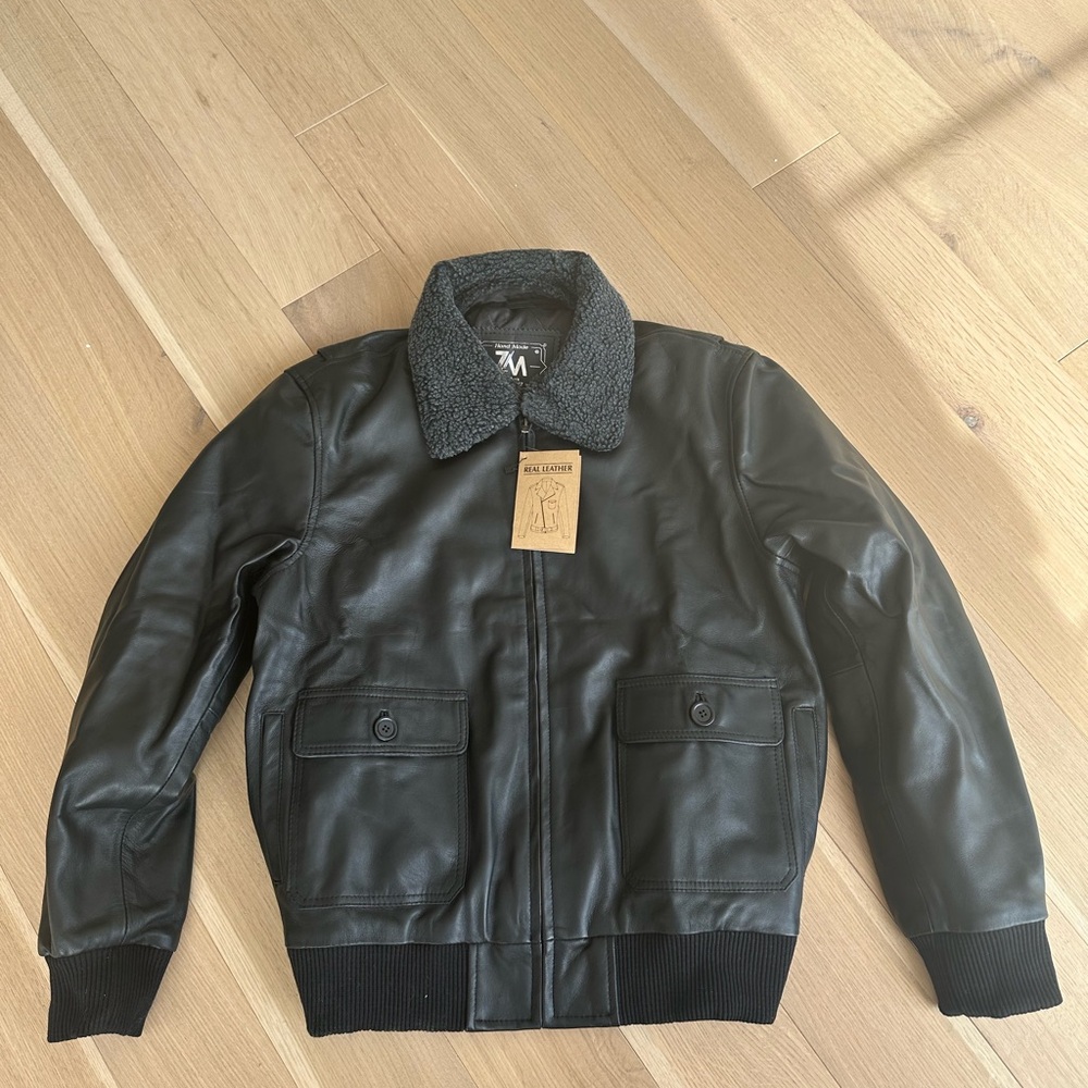 ZM Men Bomber Navy G1 Flight Black WWll Genuine Warm Aviator Sheep Leather Large